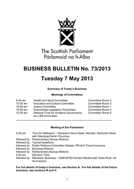 BUSINESS BULLETIN No. 73/2013 Tuesday 7 May 2013