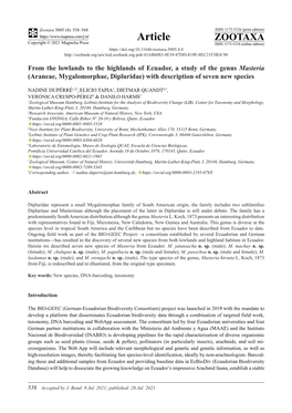 From the Lowlands to the Highlands of Ecuador, a Study of the Genus Masteria (Araneae, Mygalomorphae, Dipluridae) with Description of Seven New Species