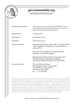 Three US Joint Forces Command (USJFCOM) "Lessons Learned" Reports for the Period of the Surge of Forces in Or About 2007 for Operation Iraqi Freedom