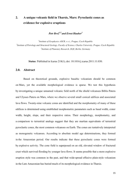 2. a Unique Volcanic Field in Tharsis, Mars: Pyroclastic Cones As Evidence for Explosive Eruptions