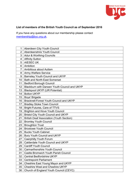 List of Members of the British Youth Council As of September 2016 If