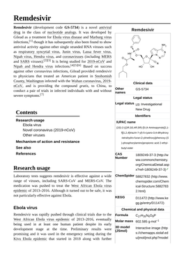 Remdesivir Remdesivir (Development Code GS-5734) Is a Novel Antiviral Remdesivir Drug in the Class of Nucleotide Analogs