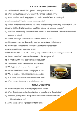 TEA TRIVIA GAME (Questions) 01