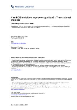 Can PDE Inhibition Improve Cognition? : Translational Insights