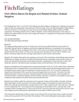 Fitch Affirms Banco De Bogota and Related Entities; Outlook Negative