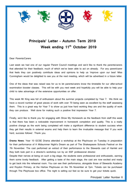 Principals' Letter – Autumn Term 2019 Week Ending 11Th October 2019