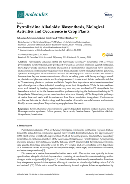 Pyrrolizidine Alkaloids: Biosynthesis, Biological Activities and Occurrence in Crop Plants