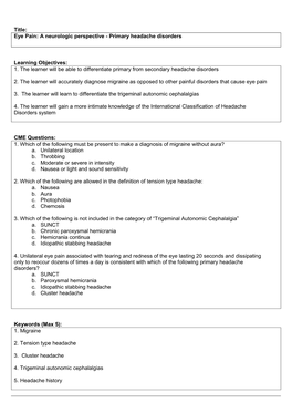 Eye Pain: a Neurologic Perspective - Primary Headache Disorders