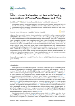 Pelletization of Refuse-Derived Fuel with Varying Compositions of Plastic, Paper, Organic and Wood