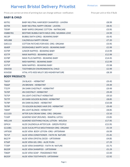 Harvest Bristol Delivery Pricelist Printed On: