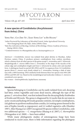 A New Species of &lt;I&gt;Conidiobolus&lt;/I&gt; (&lt;I&gt;Ancylistaceae&lt;/I&gt;) from Anhui, China