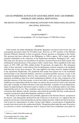 Les Glyphéides Actuels Et Leur Relation Avec Les Formes Fossiles (Decapoda, Reptantia)