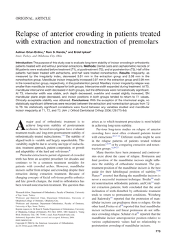 Relapse of Anterior Crowding in Patients Treated with Extraction and Nonextraction of Premolars