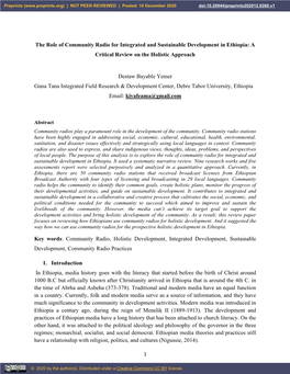 The Role of Community Radio for Integrated and Sustainable Development in Ethiopia: a Critical Review on the Holistic Approach D