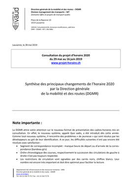 Synthèse Des Principaux Changements De L'horaire 2020 Par