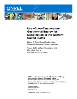 Use of Low-Temperature Geothermal Energy for Desalination in the Western United States Craig S