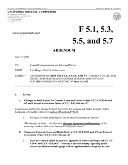 California Coastal Commission Staff Report and Recommendation Regarding Cease and Desist Orders No CCC-13-CD-06 and CCC-13-CD-07