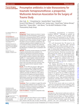 Presumptive Antibiotics in Tube Thoracostomy for Traumatic