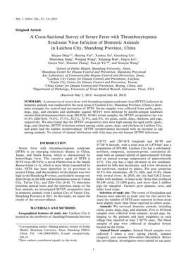 Original Article a Cross-Sectional Survey of Severe Fever with Thrombocytopenia Syndrome Virus Infection of Domestic Animals in Laizhou City, Shandong Province, China