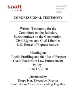 SAALT Testimony to House Subcommittee on Constitution, Civil