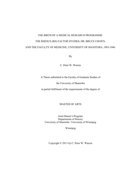 (Rh) Factor Studies, Dr. Bruce Chown, and the Faculty Of