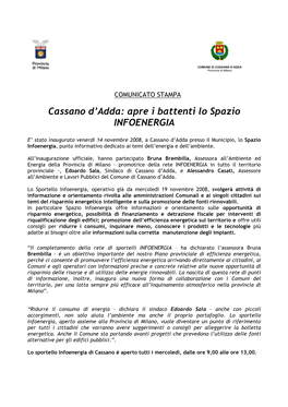 Cassano D'adda: Apre I Battenti Lo Spazio INFOENERGIA