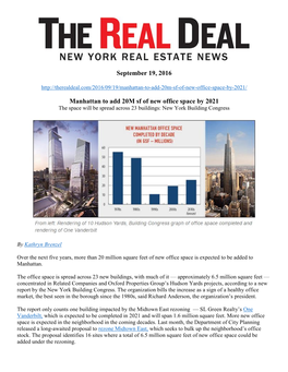 September 19, 2016 Manhattan to Add 20M Sf of New Office Space By