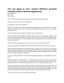 Juwann Winfree's Personal Evolution Leads to Broncos Opportunity. by Kyle Fredrickson Denver Post June 17, 2019