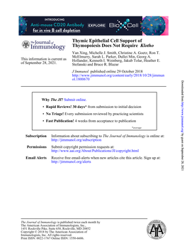 Thymic Epithelial Cell Support of Thymopoiesis Does Not Require Klotho Yan Xing, Michelle J