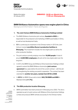 BMW Brilliance Automotive Opens New Engine Plant in China Background Information / Facts and Figures