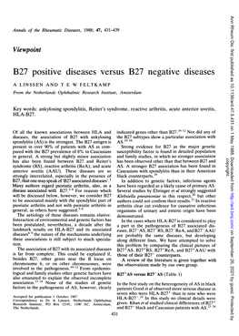 B27 Positive Diseases Versus B27 Negative Diseases