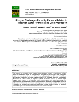 Study of Challenges Faced by Farmers Related to Irrigation Water for Increasing Crop Production