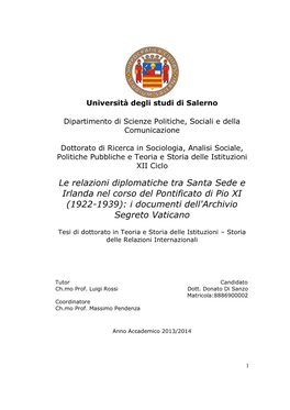 Le Relazioni Diplomatiche Tra Santa Sede E Irlanda Nel Corso Del Pontificato Di Pio XI (1922-1939): I Documenti Dell'archivio Segreto Vaticano