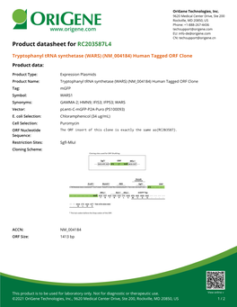 Tryptophanyl Trna Synthetase (WARS) (NM 004184) Human Tagged ORF Clone Product Data