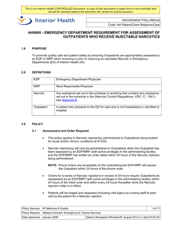 Emergency Department Requirement for Assessment of Outpatients Who Receive Injectable Narcotics