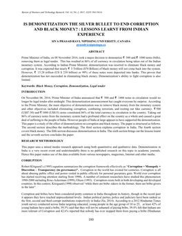 Is Demonetization the Silver Bullet to End Corruption and Black Money? : Lessons Learnt from Indian Experience