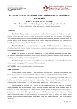 A Clinical Study of Prevalence of Dry Eyes in Diabetes and Diabetic Retinopathy