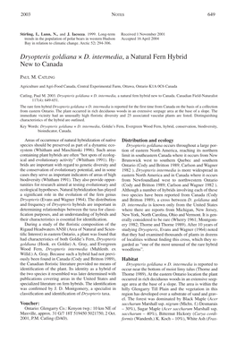 Dryopteris Goldiana X D. Intermedia, a Natural Fern Hybrid New to Canada