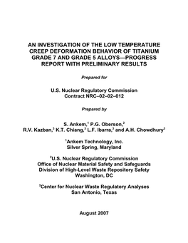 An Investigation of the Low Temperature Creep Deformation Behavior of Titanium Grade 7 and Grade 5 Alloys—Progress Report with Preliminary Results