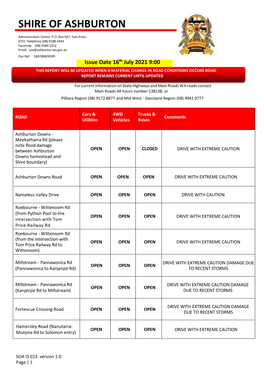 SOA IS 013 Version 1.0 Page | 1 Hamersley Road (Solomon Entry OPEN OPEN OPEN DRIVE with EXTREME CAUTION to Rio Rail Access Road)