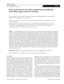 Research Priorities for the Northern Quoll (Dasyurus Hallucatus) in the Pilbara Region of Western Australia