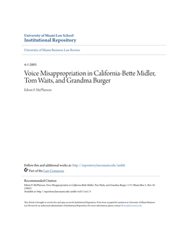 Voice Misappropriation in California-Bette Midler, Tom Waits, and Grandma Burger Edwin F