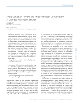 Anglo-Canadian Toryism and Anglo-American Conservatism: a Dialogue with Roger Scruton RON DART University of the Fraser Valley