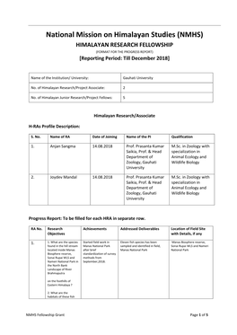 National Mission on Himalayan Studies (NMHS) HIMALAYAN RESEARCH FELLOWSHIP (FORMAT for the PROGRESS REPORT) [Reporting Period: Till December 2018]