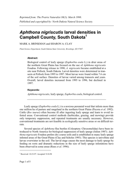 Aphthona Nigriscutis Larval Densities in Campbell County, South Dakota1