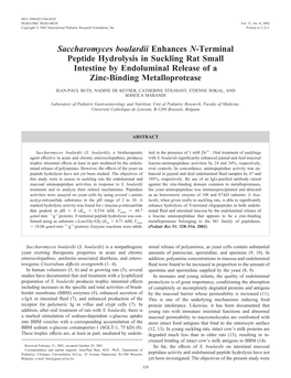 Saccharomyces Boulardii Enhances N-Terminal Peptide Hydrolysis in Suckling Rat Small Intestine by Endoluminal Release of a Zinc-Binding Metalloprotease