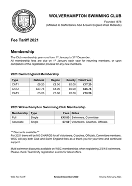 WOLVERHAMPTON SWIMMING CLUB Fee Tariff 2021 Membership