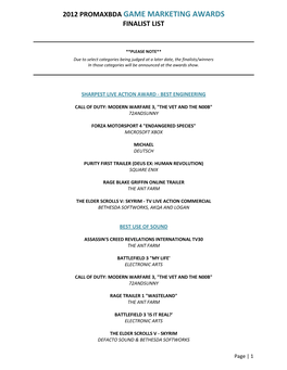 2012 Promaxbda Game Marketing Awards Finalist List