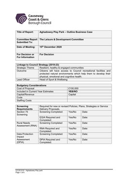 Aghadowey Play Park – Outline Business Case