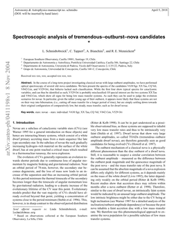 Spectroscopic Analysis of Tremendous--Outburst--Nova